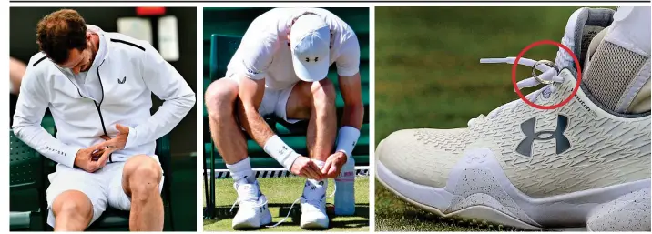  ?? ?? Serving a lace: Before each match, Murray removes his ring at the side of the court – then attaches it to his trainers to keep it safe as he plays