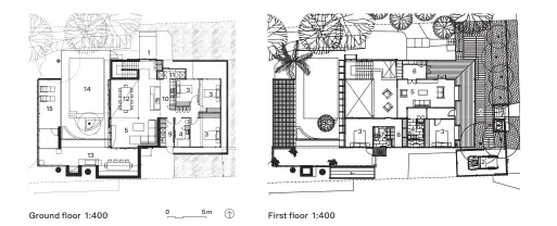  ??  ?? 1 Entry 2 Carport 3 Bedroom 4 Bathroom 5 Living
6 Study 7 Ensuite 8 Walk-in robe 9 Laundry 10 Kitchen 11 Pantry 12 Dining 13 Outdoor room 14 Pool
15 Pool pavilion