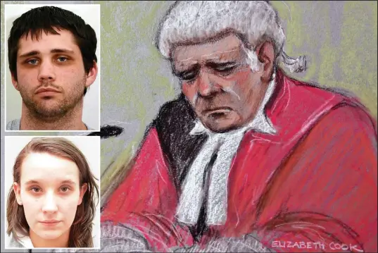  ??  ?? Artist’s impression: A tearful Mr Justice Dingemans after jailing Hoare, left, and Matthews, top, for a combined 50 years yesterday