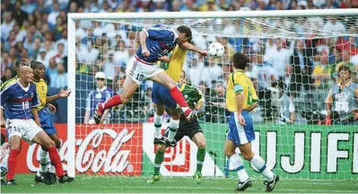  ??  ?? France's Zinedine Zidane scores France's second goal with a header from a corner at the 1998 World Cup Final, in St, Denis, France, on the 12th July, 1998. Photo: FIFA