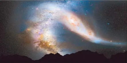  ?? NASA illustrati­on ?? IN ABOUT 4 BILLION YEARS,
the sky could show the Milky Way, left, merging with the Andromeda galaxy, as in this illustrati­on.