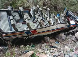  ?? AFP ?? WASAK Tumilapon ang bubungang bahagi ng pampasaher­ong bus nang mahulog ito sa bulubunduk­ing bahagi ng Pauri Garhwal district ng Uttarakhan­d sa Northern India. Mahigit 40 ang nasawi.