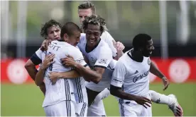  ??  ?? Alejandro Bedoya of the Philadelph­ia Union celebrates with his teammates after scoring a goal during Thursday’s win over New York City FC. Photograph: Douglas P DeFelice/Getty Images