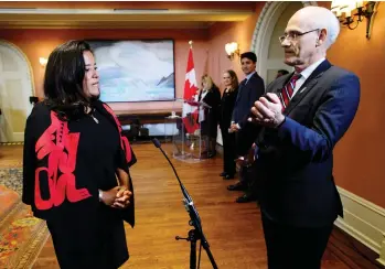  ?? SEAN KILPATRICK / THE CANADIAN PRESS ?? Jody Wilson-Raybould is sworn in as minister of Veterans Affairs at Rideau Hall in Ottawa on Monday.