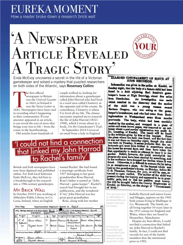  ??  ?? This sad report from an 1878 edition of the Kendal Mercury helped Enda solve his mystery An American named Sean got in touch with Enda regarding Lizzie Harrod’s marriage record from 1914