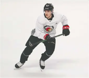  ?? MATT TIDCOMBE /OTTAWA SENATORS ?? Rookie centre Shane Pinto, a college star at the University of North Dakota this season, skated with the Senators this week and will make his NHL debut on Saturday against the Habs.