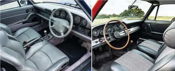  ??  ?? The five-dial dashboard with its seemingly random scattering of switchgear was a feature of every 911 until the day the 993 stepped aside for the all-new 996. Seat design changed ergonomica­lly for the better, although classic houndstoot­h trim is timeless