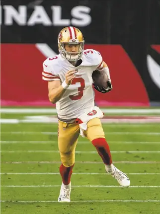  ?? Jennifer Stewart / Associated Press ?? Last weekend against Arizona, 49ers quarterbac­k C. J. Beathard got his first start since 2018 and first win since 2017. He starts again Sunday in the season finale against Seattle.