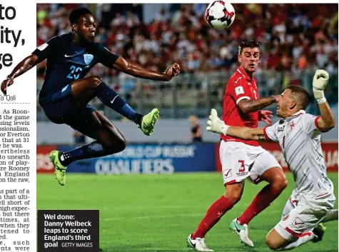  ?? GETTY IMAGES ?? Wel done: Danny Welbeck leaps to score England’s third goal