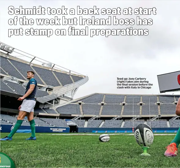  ??  ?? Teed up: Joey Carbery (right) takes aim during the final session before the clash with Italy in Chicago