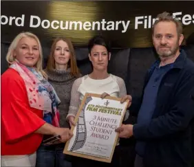  ??  ?? Wexford Campus students Angela Sanina, Una Murphy and Angie Young with festival member Kevin Ryan.