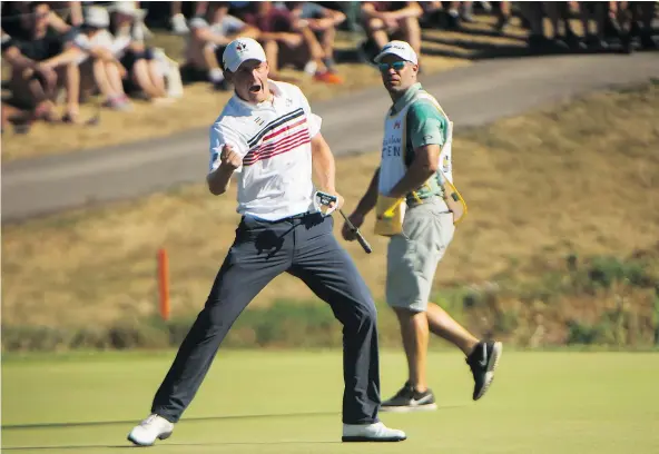  ?? — THE CANADIAN PRESS ?? Jared du Toit of Kimberley celebrates after sinking an eagle on the 18th hole to close out his third round on Saturday at the Canadian Open in Oakville, Ont., one stroke behind leader Brandt Snedeker and tied with Dustin Johnson at 8-under par.