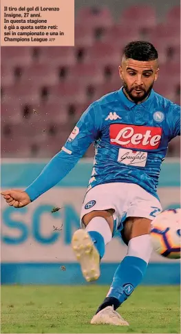  ??  ?? Il tiro del gol di Lorenzo Insigne, 27 anni.In questa stagione è già a quota sette reti: sei in campionato e una in Champions League AFP