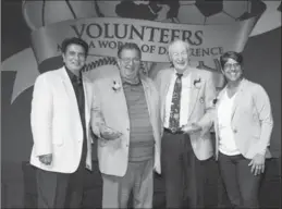  ?? SHELLY CAMERON PHOTOS ?? Councillor Tom Jackson, left, and UnitedTrop­hy Volunteer ofthe Year Award winners Dave Glover and John Wade oftheCANUS­A Games, join four-time Canadian Women’s Long Drive Champion Fareen Samji, keynote speaker forthe evening.