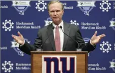  ??  ?? John Mara, owner of the New York Giants, speaks to reporters in East Rutherford, N.J., on Monday. The Giants made a rare in-season house cleaning, firing coach Ben McAdoo and general manager Jerry Reese on Monday, less than a year after the team made...