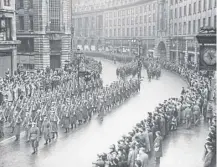  ?? ?? ↑ Home Guard troops march along Regents Street in London during the 'Stand Down' parade on this day in 1944