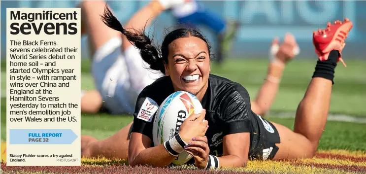  ?? PHOTOSPORT ?? Stacey Fluhler scores a try against England.