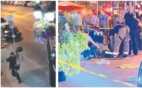  ??  ?? TRAGEDY: A gunman fires a pistol into a restaurant in Toronto, left, and, right, emergency services treat victims of the shooting.