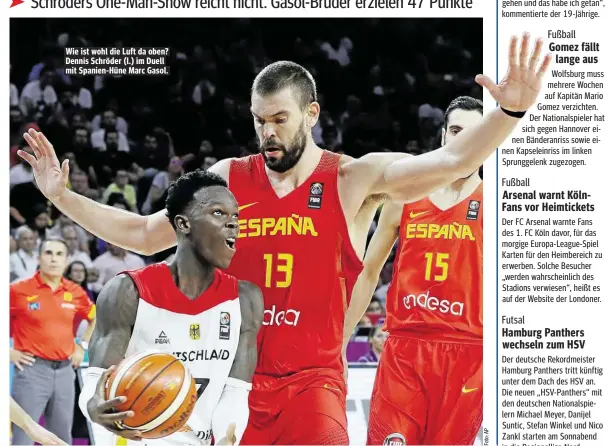  ??  ?? Wie ist wohl die Luft da oben? Dennis Schröder (l.) im Duell mit Spanien-Hüne Marc Gasol.