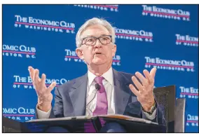  ?? JESS RAPFOGEL / AP ?? Federal Reserve Chair Jerome Powell speaks Tuesday at the Renaissanc­e Hotel in Washington. “We think we are going to need to do further rate increases,” Powell said during a question-and-answer session at the Economic Club of Washington. “The labor market is extraordin­arily strong.”