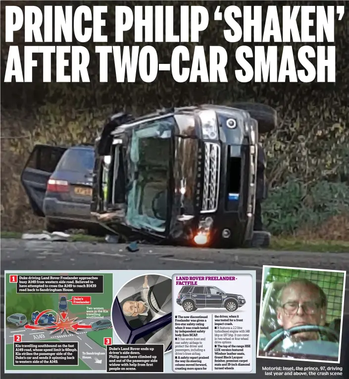  ??  ?? Motorist: Inset, the prince, 97, driving last year and above, the crash scene