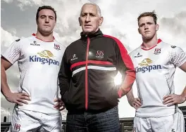  ??  ?? Northern lights: Ulster defence coach Joe Barakat with players Rob Herring (left) and Craig Gilroy at the Kingspan media event in Dublin