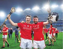  ?? HARRY MURPHY/SPORTSFILE ?? Darren O’Hanrahan and Andrew McGrave of Louth celebrate their Lory Meagher Cup final victory at Croke Park on Saturday