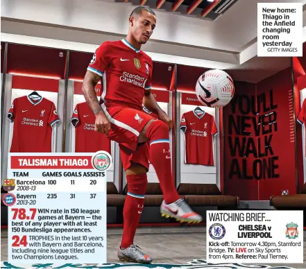  ?? GETTY IMAGES ?? New home: Thiago in the Anfield changing room yesterday