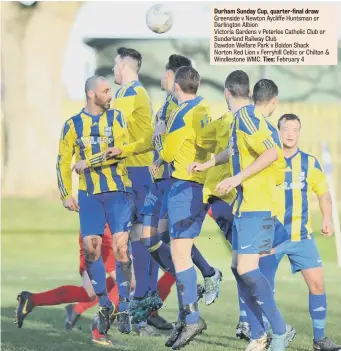  ??  ?? Hylton Castle TWR Group (stripes) defend a free-kick against Victoria Gardens. Pics by Tim Richardson.