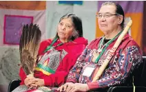  ?? PHOTOS: ALLEN McINNIS ?? Sedalia Kawennotas Fazro, left, and Oscar Kistabish take part in the National Inquiry into Missing and Murdered Indigenous Women and Girls in Montreal on Monday.