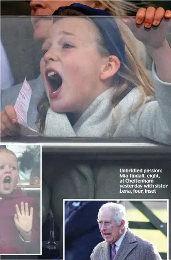  ?? ?? Unbridled passion: Mia Tindall, eight, at Cheltenham yesterday with sister Lena, four, inset