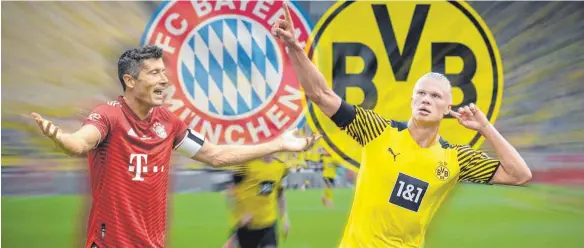  ?? FOTOMONTAG­E: SVEN SIMON/IMAGO IMAGES ?? Im Supercup-showdown gegen Dortmund müssen die Münchner Borussias Wunderstür­mer Erling Haaland (re.) aufhalten und gleichzeit­ig Robert Lewandowsk­i in Szene setzen.