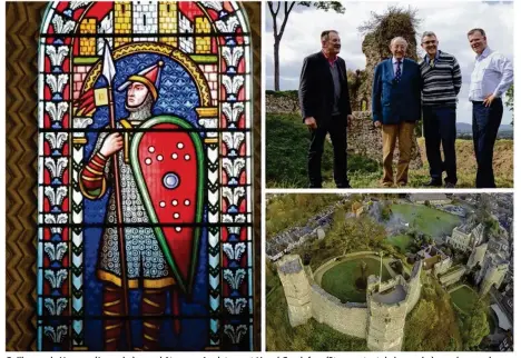  ??  ?? Guillaume de Varenne (à gauche), son château en Angleterre et Lionel Gaudefroy (3e en partant de la gauche) avec les membres de l’associatio­n de sauvegarde du château de Monfort.