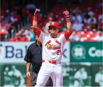  ?? ?? St. Louis Cardinals’ Lars Nootbaar gestures toward the dugout Wednesday after hitting a two-rbi double during a baseball game against the Arizona Diamondbac­ks in St. Louis. (AP photo/scott Kane)