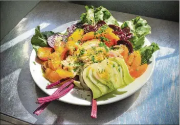  ??  ?? Beet, Fennel and Citrus Salad with Horseradis­h, an elegant winter salad from the 2019 “Joy of Cooking” (Scribner, $40), can be made with oranges or grapefruit. The horseradis­h dressing gives it a nice zip.