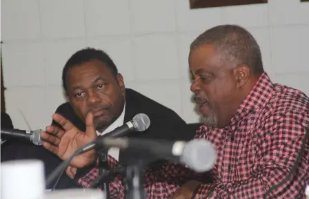  ?? (Pine Bluff Commercial/Eplunus Colvin) ?? Council Member Ivan Whitfield (right) expresses his disappoint­ment in Council Member Bruce Lockett (left) when it came to how the Delta Rhythm & Bayous Cultural District Project would be funded during the Ways & Means committee meeting.