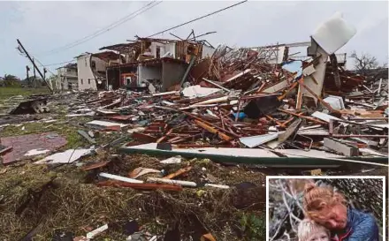  ?? AGENCY PIX ?? A two-storey building that was severely damaged when Storm Harvey hit Rockport, Texas. (Inset) Lisa Rehr hugging her son, Maximus, 4, as they wait to be evacuated.