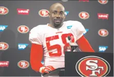  ?? D. Ross Cameron / Special to The Chronicle ?? Elvis Dumervil is especially proud of his 2011 sack against Tom Brady. He’ll have Carson Palmer in his sights Sunday.