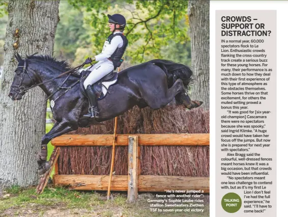  ??  ?? “He’s never jumped a fence with another rider”: Germany’s Sophie Leube rides stallion Sweetwater­s Ziethen TSF to seven-year-old victory