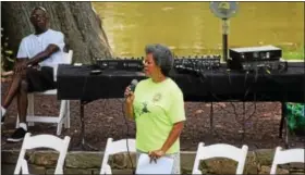  ?? MARIAN DENNIS — DIGITAL FIRST MEDIA ?? Valerie Jackson of Harris Ministries addresses guests in Riverfront Park Saturday during the ninth Stop the Drugs Stop the Violence event.