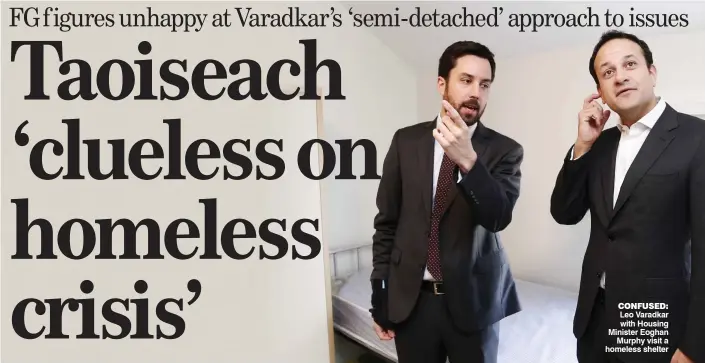  ??  ?? confused: Leo Varadkar with Housing Minister Eoghan Murphy visit a homeless shelter