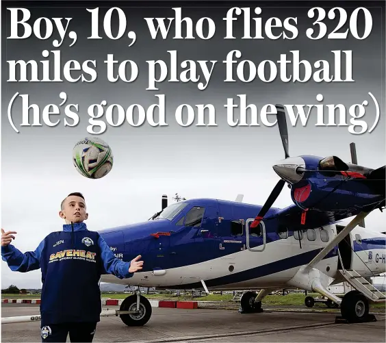  ??  ?? Air control: Matthew Davidson flies from Barra to the mainland to train and play matches for Greenock Morton’s under-11 side