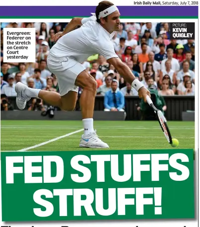  ??  ?? Evergreen: Federer on the stretch on Centre Court yesterday