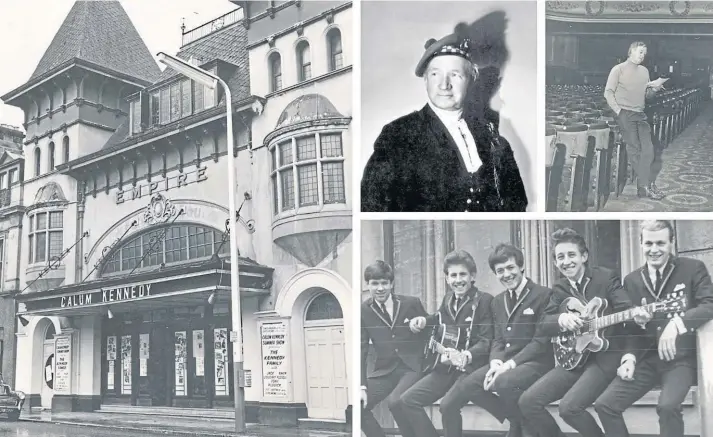  ??  ?? GLORY DAYS: The Empire in its prime and, clockwise, Harry Lauder as he appeared in the 1930s, manager John Worth in 1970, and big-name attraction The Hollies in 1964.