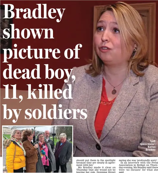  ??  ?? Anger: Relatives for Justice handed Ms Bradley the photo ‘Left speechless’: Karen Bradley