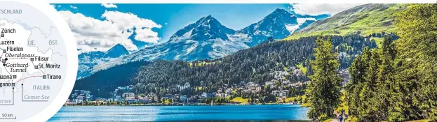  ?? ?? Solche Panoramabl­icke – hier auf das mondäne St. Moritz – sind bei dieser Reise garantiert