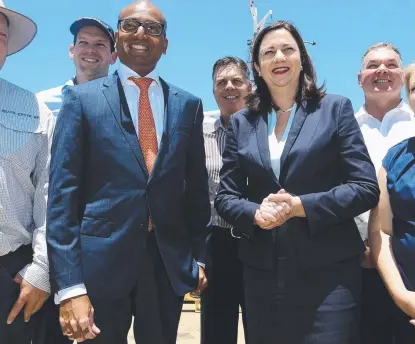  ?? CLOSE CALL: Premier Annastacia Palaszczuk with Adani Australia CEO Jeyakumar Janakaraj in Townsville. Picture: TARA CROSER ??