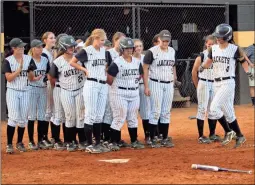  ?? Kevin Myrick/SJ ?? Rockmart’s bench cleared as Emily Lovelace crossed home plate after hitting a home run in Game 1 on Oct. 19.