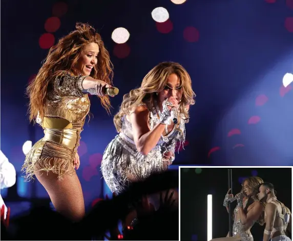  ?? GETTY IMAGES ?? CELEBRATIO­N: Singers Shakira and Jennifer Lopez, also at right, perform during the Pepsi Super Bowl LIV Halftime Show at Hard Rock Stadium on Sunday.