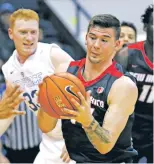  ?? DAVID ZALUBOWSKI AP FILE PHOTO ?? Lobos guard Duane Kuiper, right, playing against Air Force in February in Colorado, is one of only four UNM players on the roster with any experience against the Falcons’ Princeton offense.